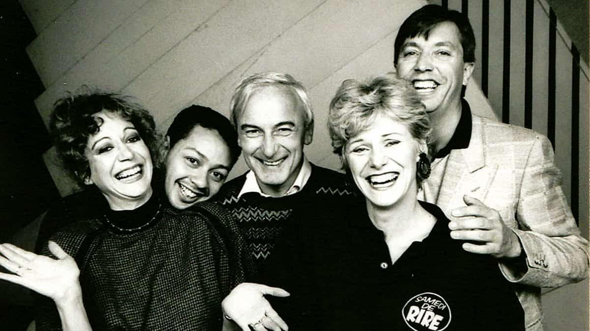 Pauline Martin, Norman Brathwaite, Yvon Deschamps, Michèle Deslauriers et Normand Chouinard à l'époque de l'émission Samedi de rire