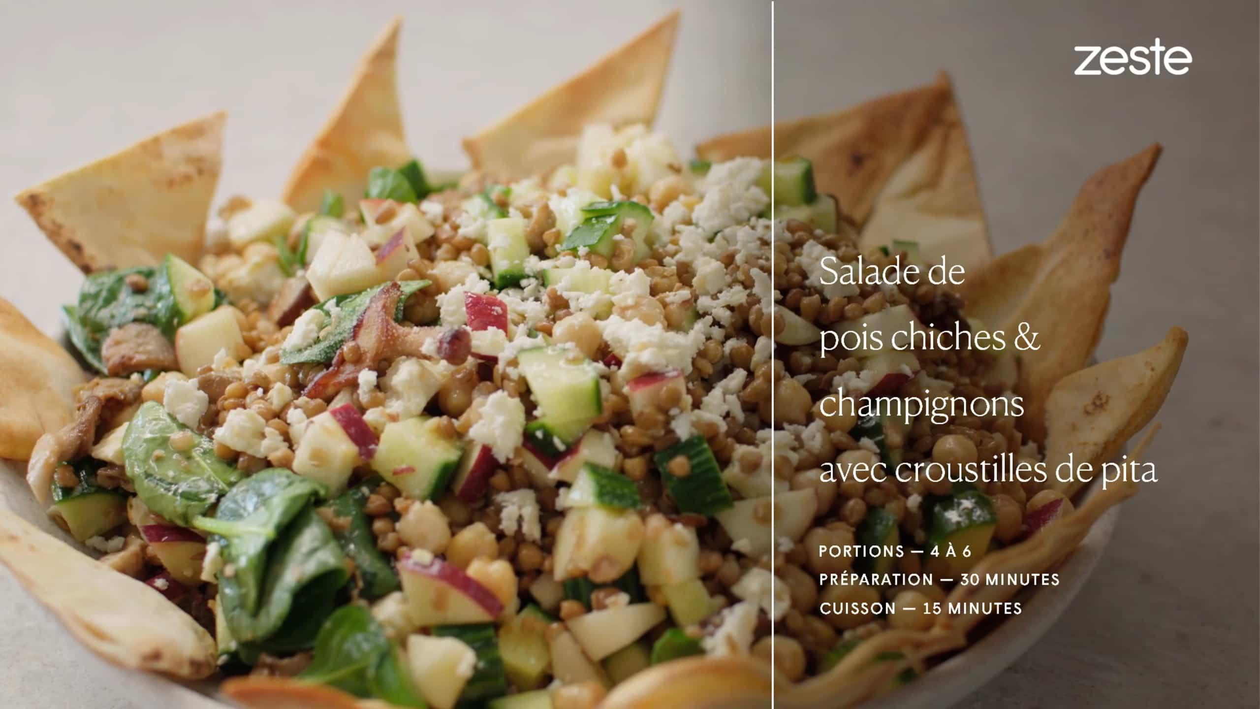 Salade de pois chiches & champignons avec croustilles de pita
